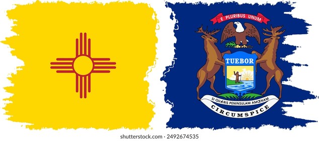 Michigan and New Mexico states grunge brush flags connection, vector