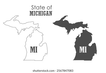 Michigan. The outline and silhouette of the state with the abbreviated abbreviation of the name. The state border. A template for the design of printed products
