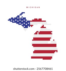 Michigan pixel flag map icon. 8 bit pixel art map covered with american flag. Flat vector illustration isolated on white background.