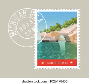 Michigan postage stamp design. Vector illustration of sandstone formations on Lake Superior shoreline. Grunge postmark on separate layer.