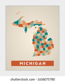 Michigan poster. Map of the U.S. state with colorful regions. Shape of Michigan with the state name. Astonishing vector illustration.