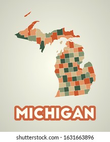 Michigan poster in retro style. Map of the US state with regions in an autumn color palette. Shape of Michigan with the state name.