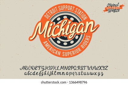 Michigan. Racer club badge. Hand made logotype. Hand made script font.