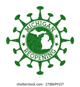 Michigan Reopening Stamp. Green round badge of US state with map of Michigan. US state opening after lockdown. Vector illustration.