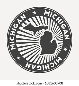 Michigan round logo. Vintage travel badge with the circular name and map of us state, vector illustration. Can be used as insignia, logotype, label, sticker or badge of the Michigan.