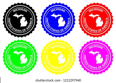 Michigan - rubber stamp - vector, Michigan (United States of America) map pattern - sticker - black, blue, green, yellow, purple and red 