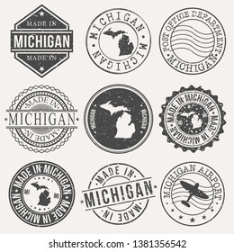 Michigan Set of Stamps. Travel Stamp. Made In Product. Design Seals Old Style Insignia.