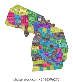 In: Michigan Shape. Staatswortwolke mit County Division. In: Michigan Coloured Illustration. In: County names cloud. Vektorillustration.