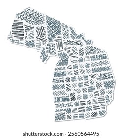 Michigan shape text cloud. State border with shadow on white background. Michigan with counties division in vintage gazette style. Modern vector illustration.