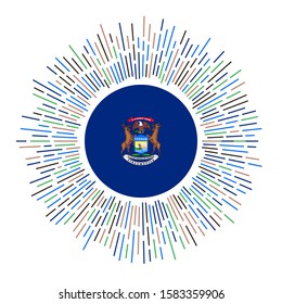 Michigan sign. US state flag with colorful rays. Radiant sunburst with Michigan flag. Vector illustration.