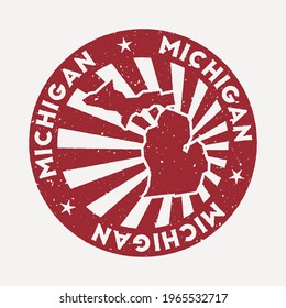 Michigan stamp. Travel red rubber stamp with the map of us state, vector illustration. Can be used as insignia, logotype, label, sticker or badge of the Michigan.