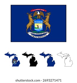 Michigan state Flag. Michigan state map. Michigan Flag and map outline and solid. eps file. vector illustration. 