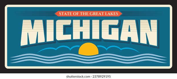 Michigan state of great lakes travel plate, USA banner or vintage tin plaque. Vintage sign and postcard of region of upper Midwestern United States, capital is Lansing, retro postcard