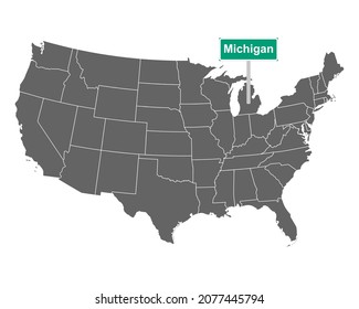 Señal de límite de estado de Michigan y mapa de EE.UU. en blanco