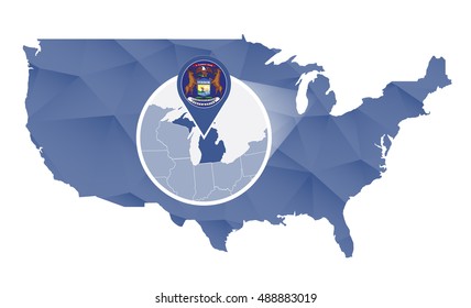 Michigan State magnified on United States map. Abstract USA map in blue color. Vector illustration.