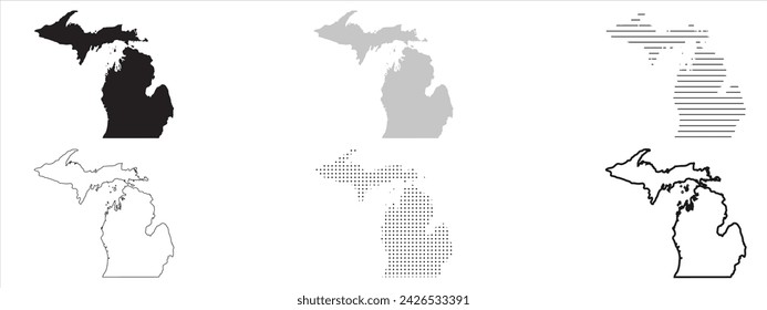 Michigan State Map Black. Michigan map silhouette isolated on transparent background. Vector Illustration. Variants.