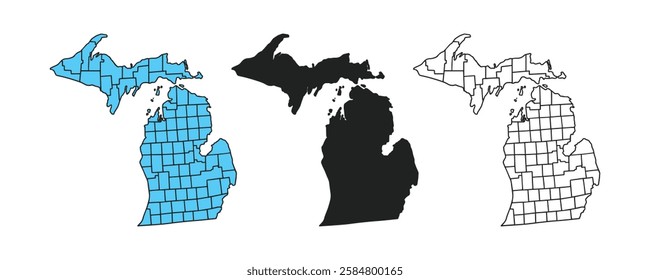 Michigan state map contour silhouette outline vector. Michigan state icon. Pictogram for web page, mobile app. High detailed vector map with counties, Michigan. Michigan USA State thin line icon.