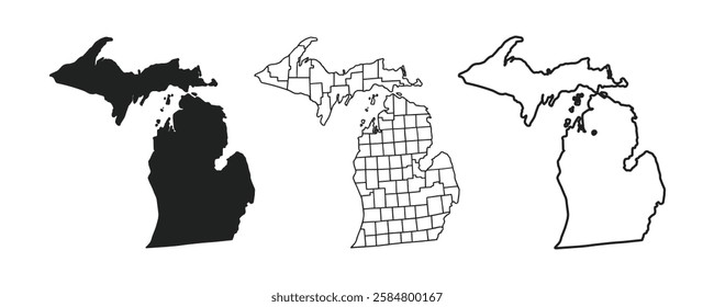 Michigan state map contour silhouette outline vector. Michigan state icon. Pictogram for web page, mobile app. High detailed vector map with counties, Michigan. Michigan USA State thin line icon.