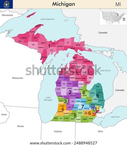 Michigan state map with counties borders and colored congressional districts boundaries due to The 2020 United States census and which is valid since 2023. Flag of Michigan. Vector