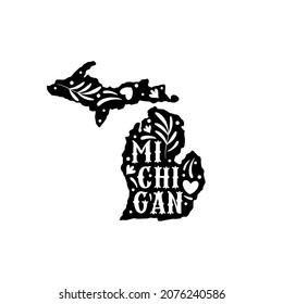 Michigan state map with doodle decorative ornaments. For printing on souvenirs and T-shirts