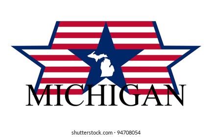 Michigan state map, flag and name.