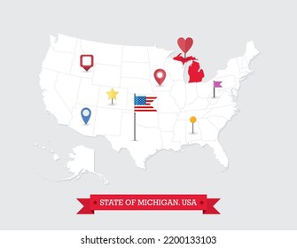 Michigan State map highlighted on USA map. Michigan map on United state of America with flag and navigation icons.