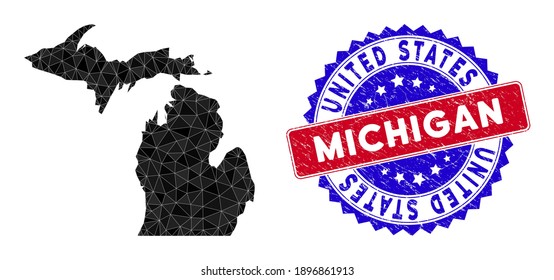 Michigan State map polygonal mesh with filled triangles, and rubber bicolor stamp seal. Triangle mosaic Michigan State map with mesh vector model, triangles have variable sizes, and positions,