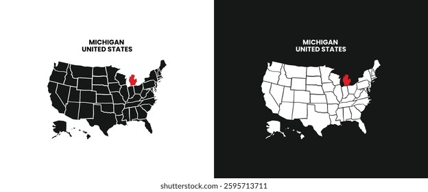 michigan state map. michigan map with red mark on america map. vector illustration of michigan state map.