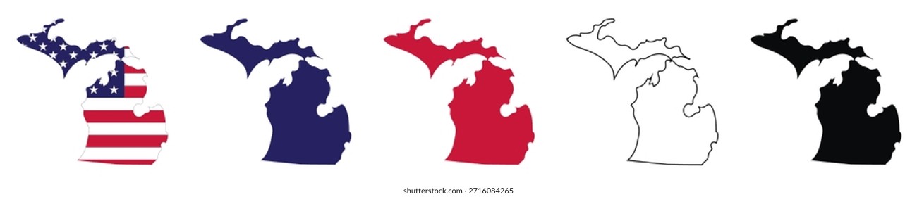 A Michigan state map vector illustration set featuring outline and solid fills, with American flag blue, red, and black variations, perfect for geography education, Travel guides, and patriotic designs