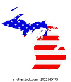 Michigan state map vector silhouette illustration. United States of America flag over Michigan map. USA, American national symbol of pride and patriotism. Vote election campaign banner.