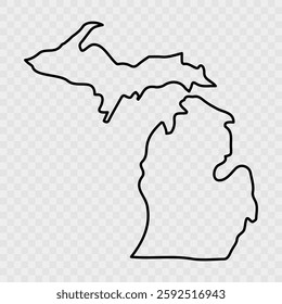 Michigan state silhouette, line style. America illustration, American vector outline isolated on background. Michigan Map Black, State Border | United States | US America | Transparent Isolated 