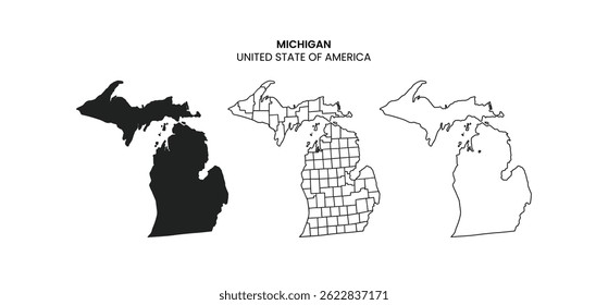 Michigan state silhouette, line style. America illustration, American vector outline isolated on white background