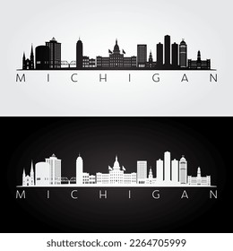 Michigan state skyline and landmarks silhouette, black and white design. Vector illustration.