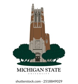 Archivo eps de ilustración arquitectónica del edificio principal de la torre de la universidad estatal de Michigan para imprimir. Diseño gráfico exterior de la universidad americana, icono del edificio de Michigan para la sudadera y la impresión retro de la camiseta  