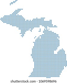 Michigan state of USA map dots vector outline illustration in blue background. Dotted map of Michigan state of United States of America. Creative pixel art map with highly detailed border 