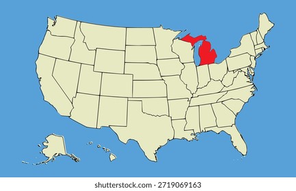 Estado de Michigan, EE.UU., mapa de Vector aislado en el mapa de Estados Unidos. Alta ilustración detallada. Estilo plano. Ilustración vectorial