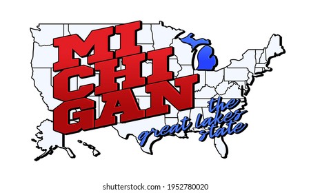 michigan state. Vector illustration with US michigan state on american map with lettering. Touristic Greeting Card isolated on white