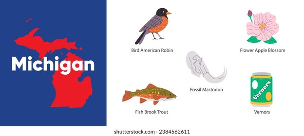 Michigan-Staaten mit Symbol Symbol der amerikanischen Robin über oder Mastodon Bachforelle Apfelblüte Illustration