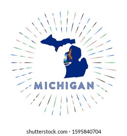 Michigan sunburst badge. The US state sign with a map of Michigan and the state flag. Colorful rays around the logo. Vector illustration.