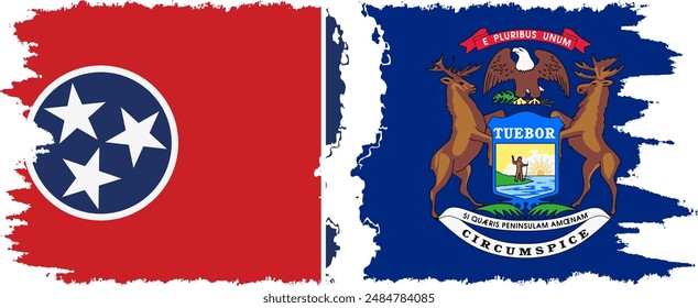 Michigan and Tennessee states grunge brush flags connection, vector