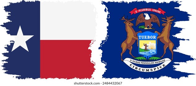Michigan and Texas states grunge brush flags connection, vector