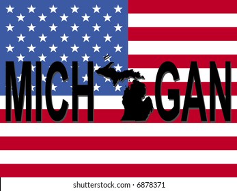 Michigan text with map on American flag illustration