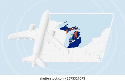 Michigan Travel Illustration with Plane and National Flag. Ideal for travel agencies, promotional materials, or geographic content related to Michigan.