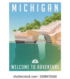 Michigan travel poster or sticker. Retro style vector illustration of sandstone cliffs on Lake Superior shoreline.