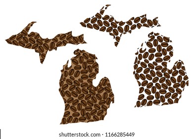 Michigan (United States of America) -  map of coffee bean, Michigan map made of coffee beans,
