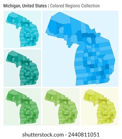 Michigan, United States. Map collection. State shape. Colored counties. Light Blue, Cyan, Teal, Green, Light Green, Lime color palettes. Border of Michigan with counties. Vector illustration.