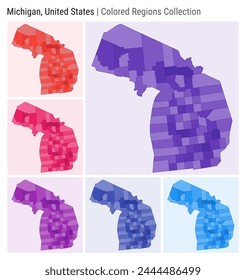 Michigan, Vereinigte Staaten. Kollektion abbilden. Status-Form. Farbige Landkreise. Deep Purple, Red, Pink, Purple, Indigo, Blue Farbpaletten. Grenze von Michigan zu den Countys. Vektorillustration.