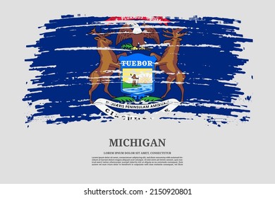 Michigan US flag with brush stroke effect and information text poster, vector background