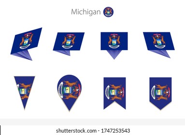 Michigan US State flag collection, eight versions of Michigan vector flags. Vector illustration.