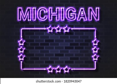 Michigan US State glowing violet neon letters and starred frame. Realistic vector illustration. Black brick wall, soft shadow.